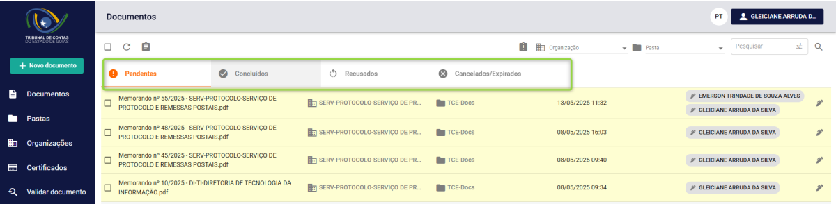 Status dos Documentos Status dos Documentos