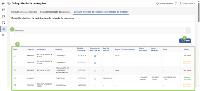  Consulta Histórico de Solicitação de Retirada de Processos 