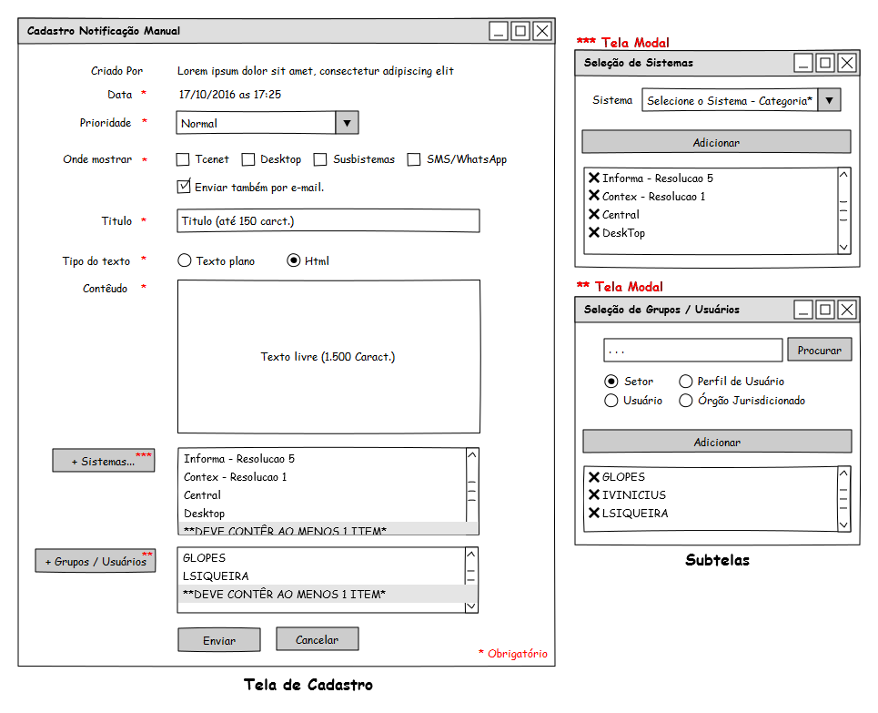 Tela de Cadastro da notificação. 